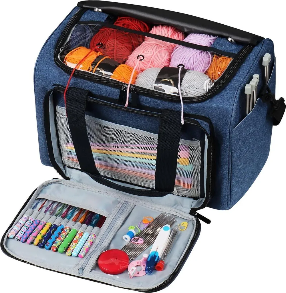Sac de rangement tricot et crochet bleu marine avec multipoches