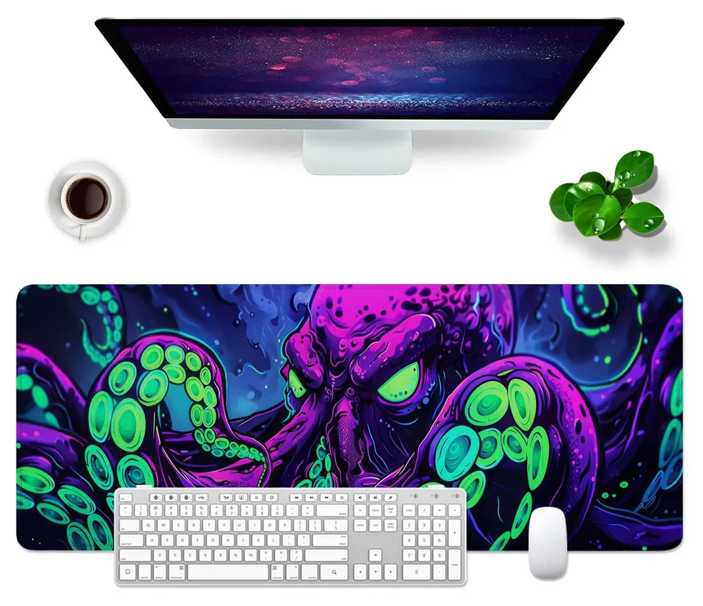 Tapis de Bureau XL Pieuvre pour Télétravail et Gaming 80x30 cm Violet