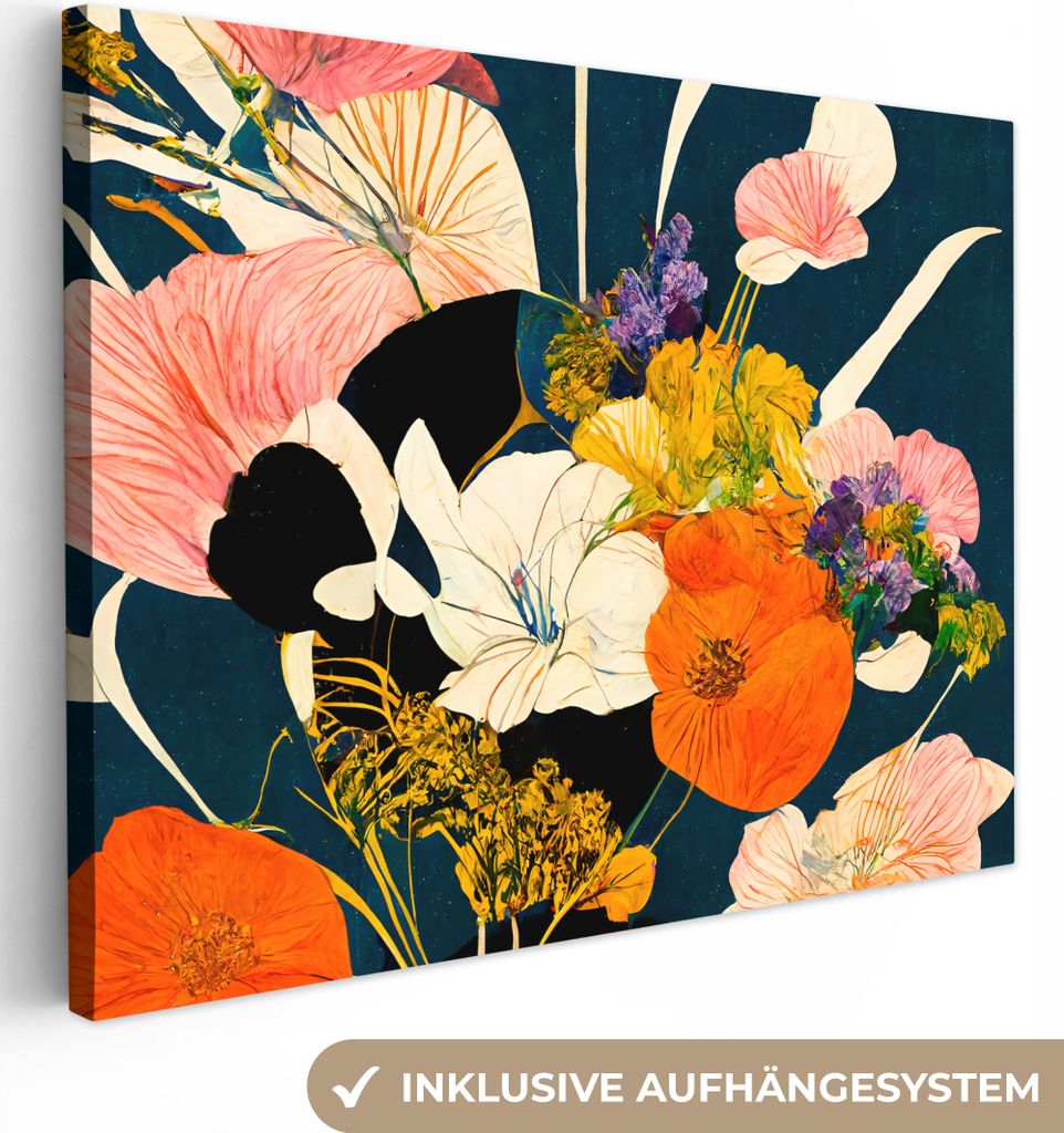 MuchoWow - Leinwandbilder - Blumen - Vase - Malerei - Pflanzen, Wandbild, Wanddeko Bilder Wohnzimmer, 80x60 cm