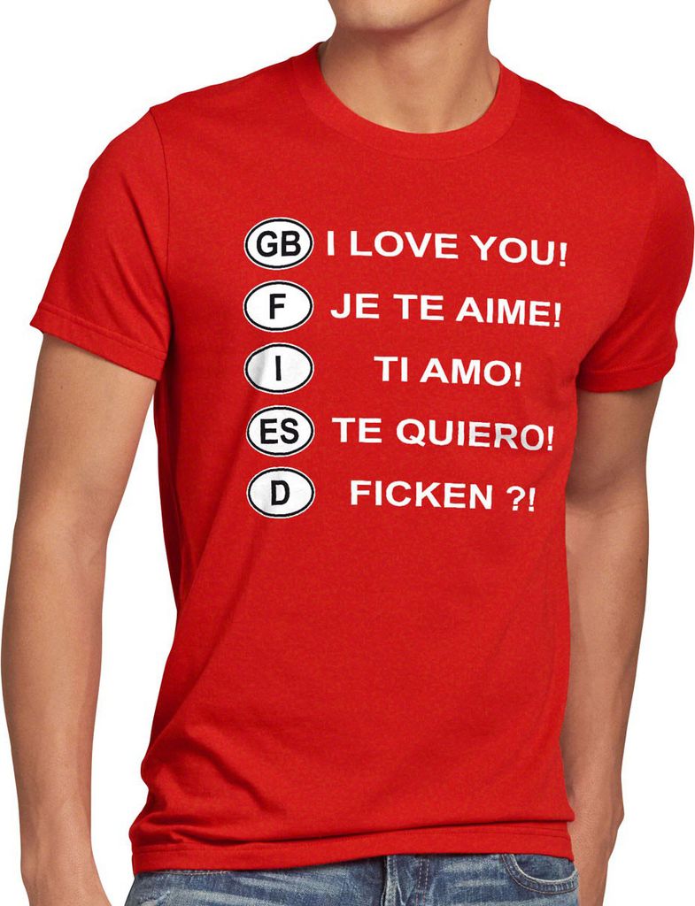 style3 Kennzeichen I love you - Ficken?! Übersetzungen - Liebe quer durch Europa! Herren T-Shirt, Größe:XXXL, Farbe:Rot