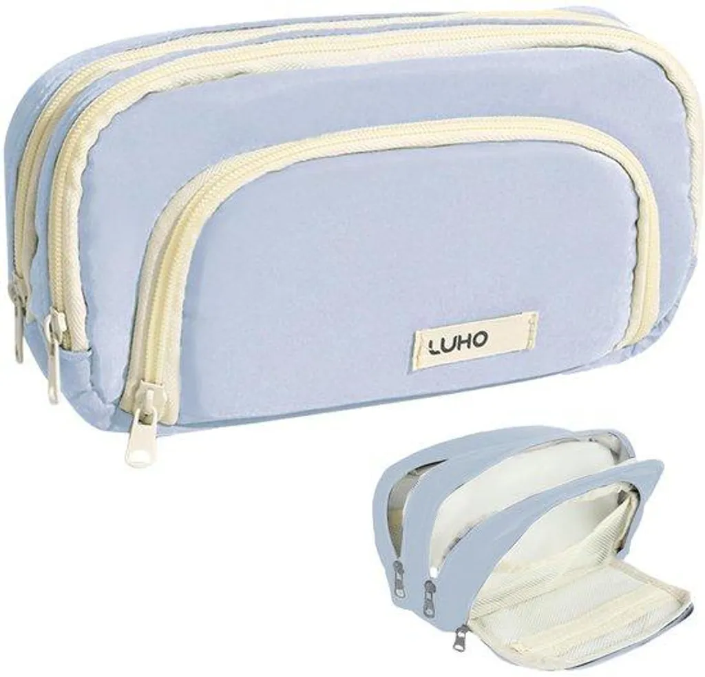 Trousse à 3 compartiments spacieuse et étanche pour fournitures bleues