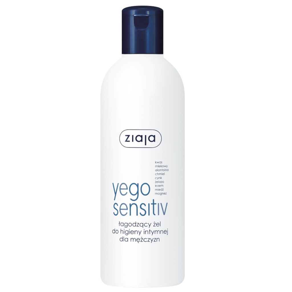 A white bottle of ZIAJA YEGO SENSITIV Intimhygienegel with a blue cap, shown against a white background.