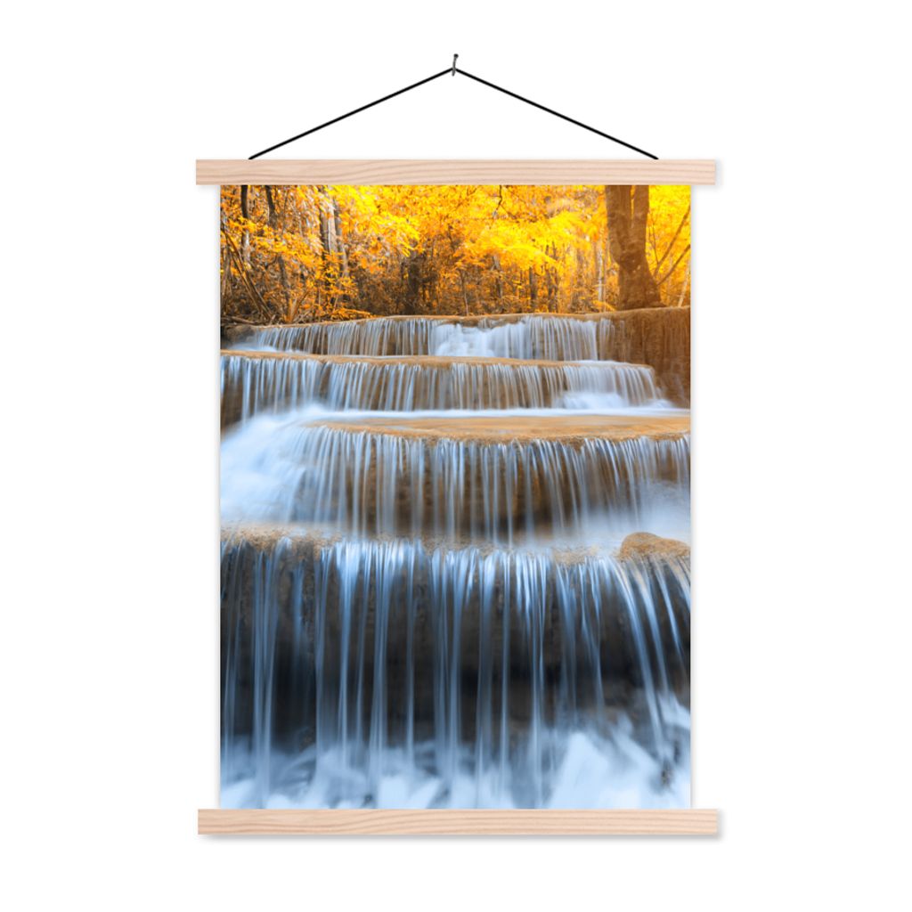 MuchoWow Textilposter Wasserfall - Natur - Bäume - Herbst - Landschaft 40x53 cm mit holzfarbenen Rahmen - Schlafzimmer