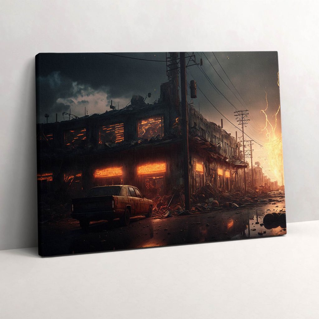 Apokalyptisches Gebäude – Leinwandbild Wandbild – 80x60 cm – Leinwandbilder – Wandbilder – Schlafzimmer – Flur