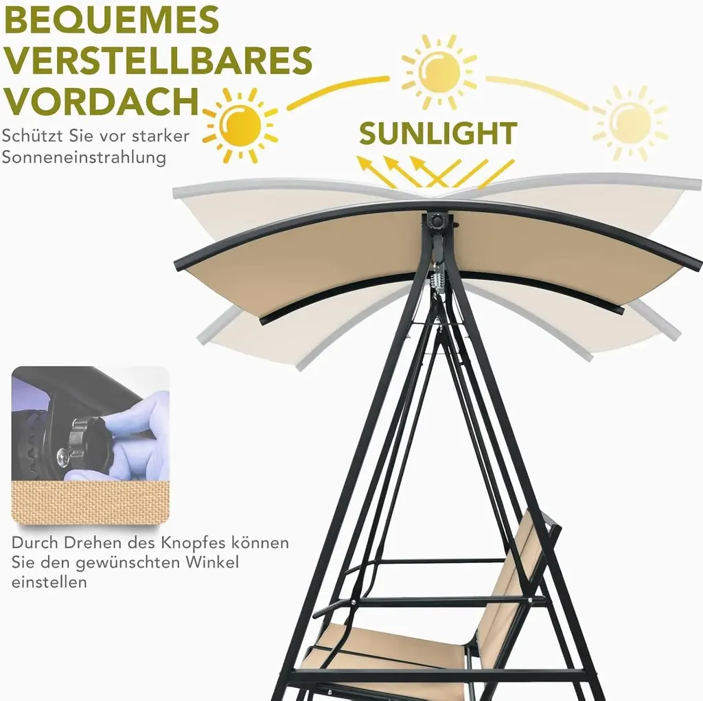 Balançoire de jardin avec toit ajustable et banc 2 places beige chic - 6