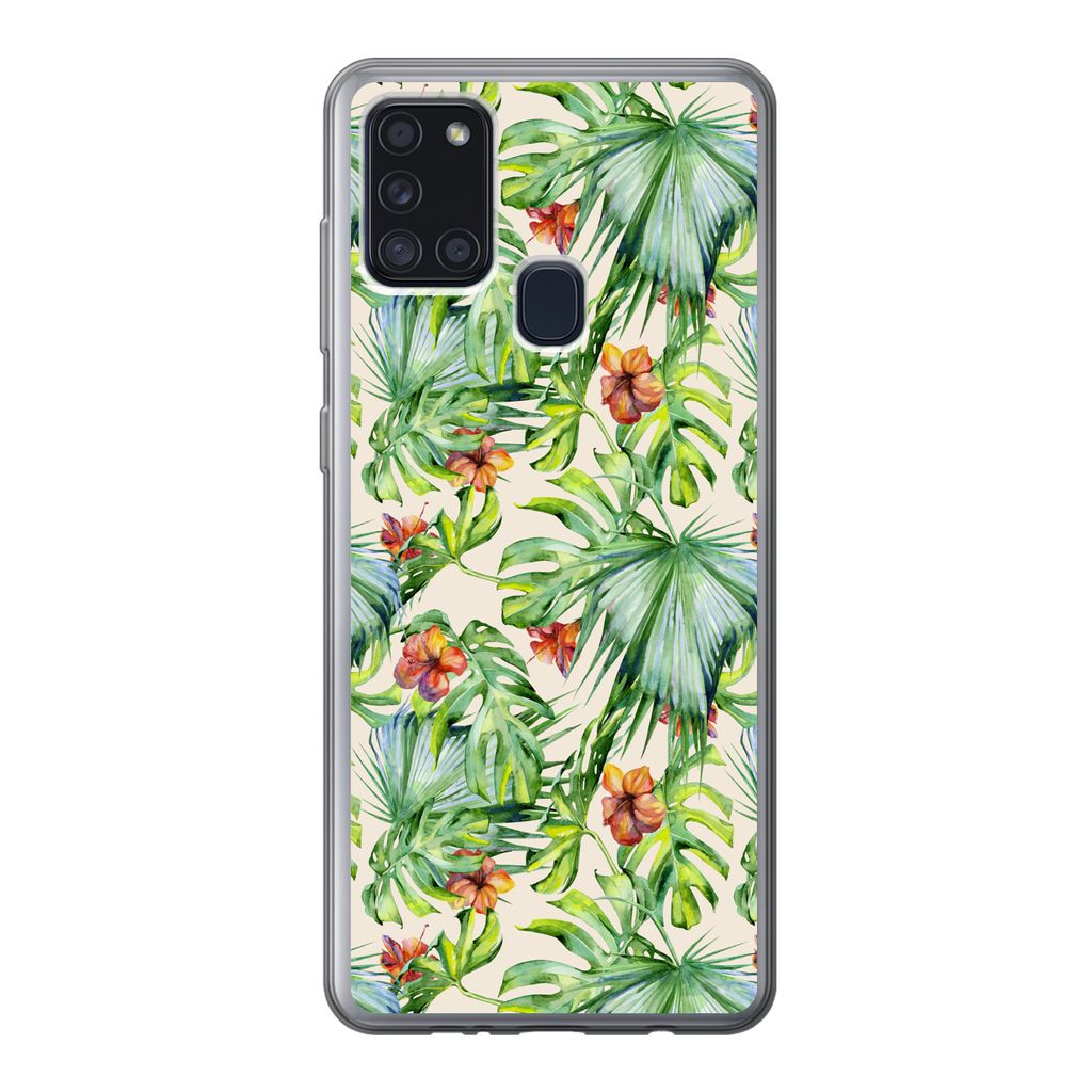 MuchoWow Handyhülle Schutzhülle Hülle für Samsung Galaxy A21s Blume - Blatt - Muster Silikon Softcase Handy Hülle - Hartschale