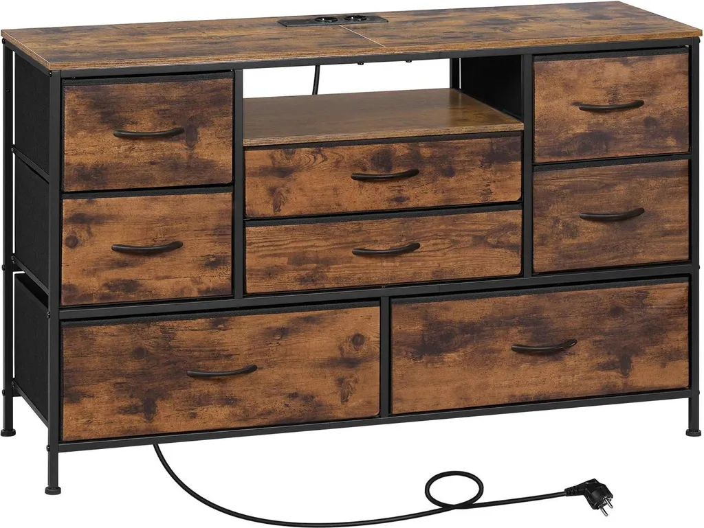 Buffet TV Bas 8 Tiroirs - 120cm Bois Rustique - Commode Rétro Design