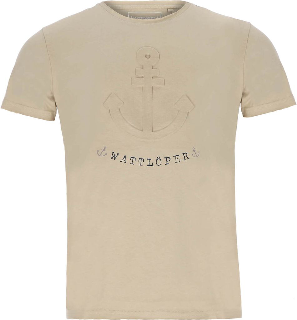 Wattlöper Herren T-Shirt mit PopUp-Druck Anker - Kurzarm-Shirt mit langem Schnitt in Beige Größe M