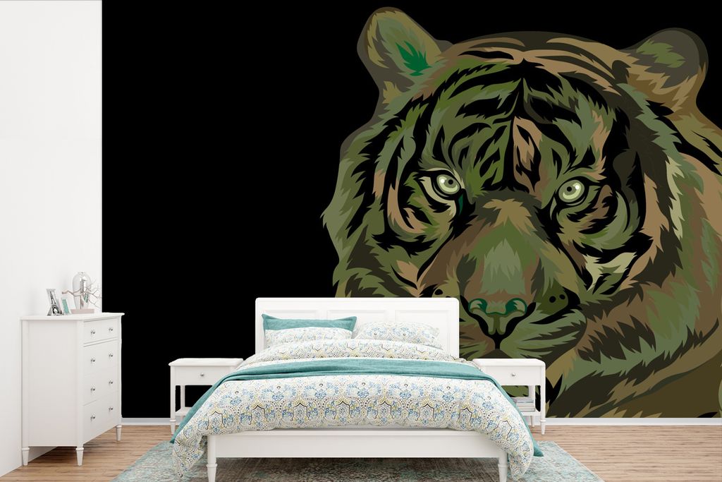 MuchoWow Fototapete für Wohnzimmer oder Schlafzimmer Wandtapete Vinyl Motivtapete Tiger - Schwarz - Grau - 450x300 cm - Gemusterte