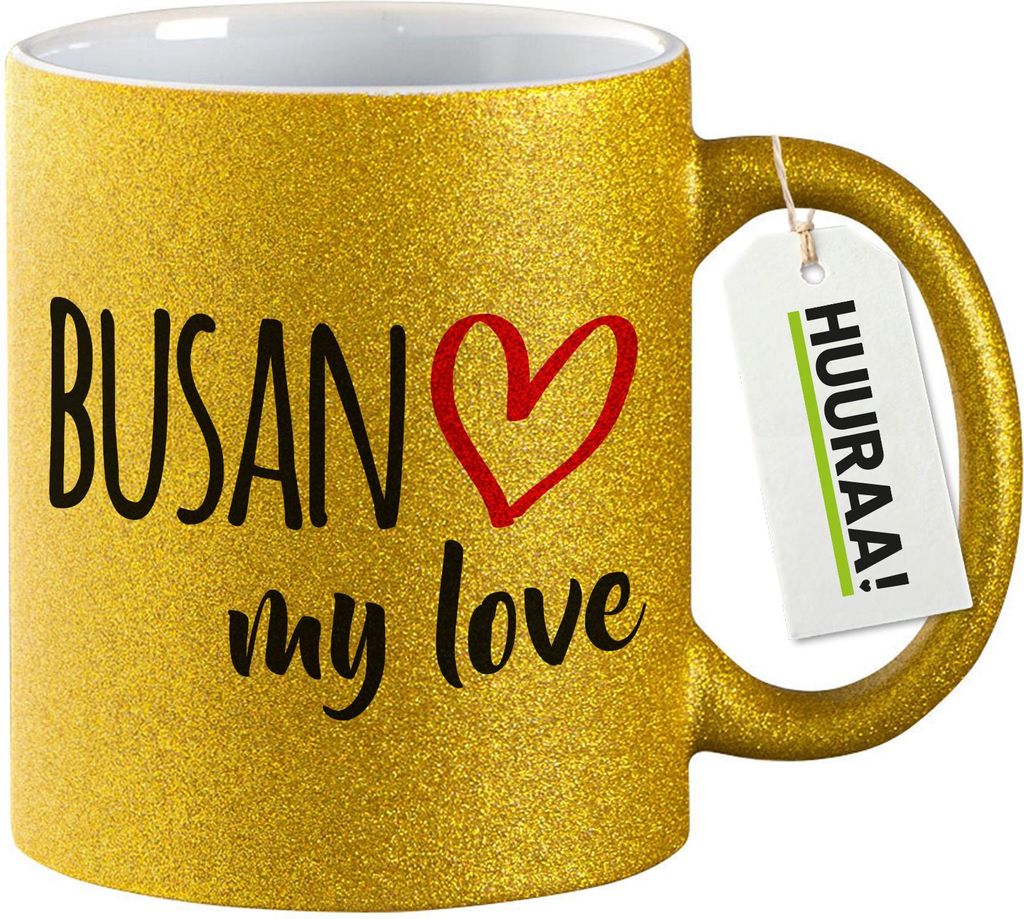 Huuraa Glitzertasse Busan my love 330ml Gold Keramik Kaffeebecher Geschenkidee