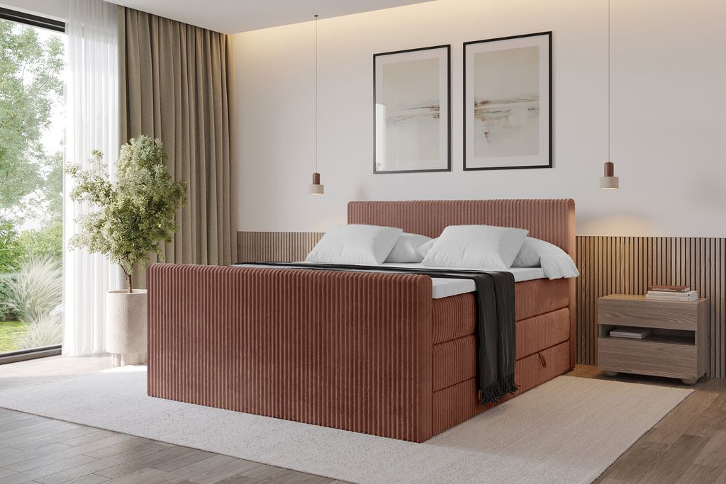 ALTDECOR Boxspringbett TOLO-Z KING 160x200 cm - Cord - Ziegelrot - Komplett-Set mit H3 und H4 Matratzen und Topper, Polsterbett mit Bettkästen, La...
