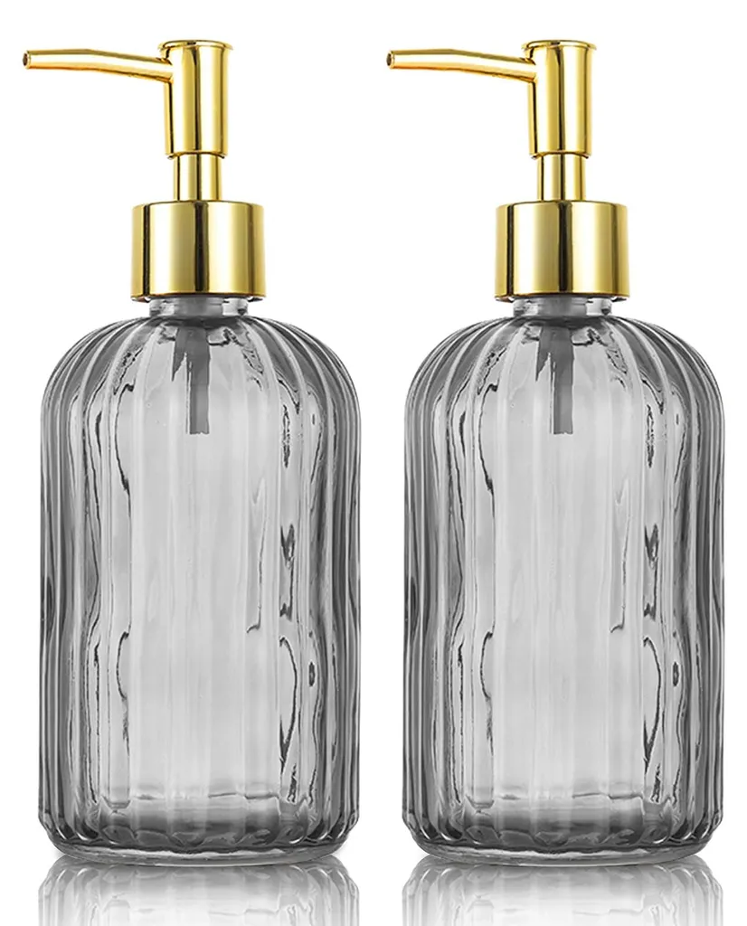 Distributeur savon 500ml en verre gris et pompe inox anti-gouttes