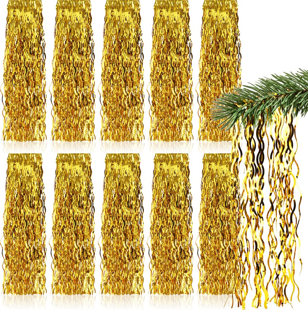 com-four 10x Lametta - goldfarbene Lametta Girlande für Weihnachten - Christbaumschmuck für den Tannenbaum - Lametta-Vorhang mit welligen Fäden