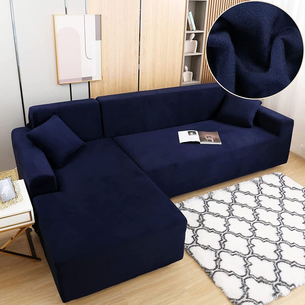 L-förmige Sofa-Schonbezüge, Stretch dicker Plüsch-Ecksofabezug mit 2 Kissenbezügen für 3-Sitzer + 3-Sitzer-L-Typ-Sofa-Couch Sofabezug,Navy Blau