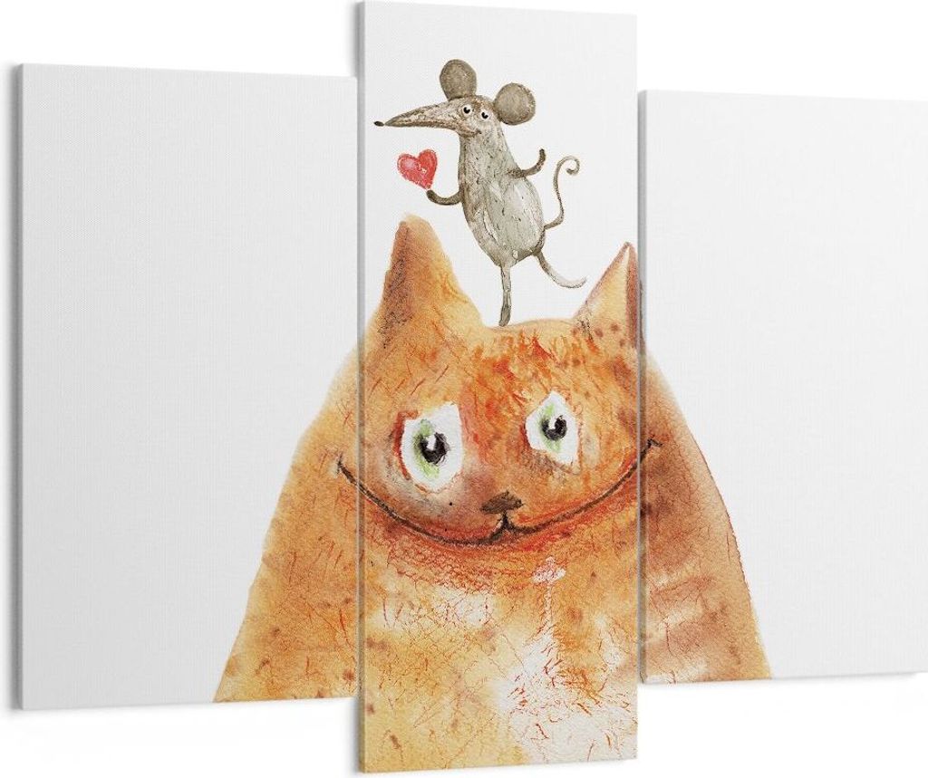 Bild auf Leinwand - Leinwandbild - 3 Teile - Katze Maus Kinder - 130x100cm - Wand Bild - Wanddeko - Wandbilder - Leinwanddruck - Bilder - Wanddekor...