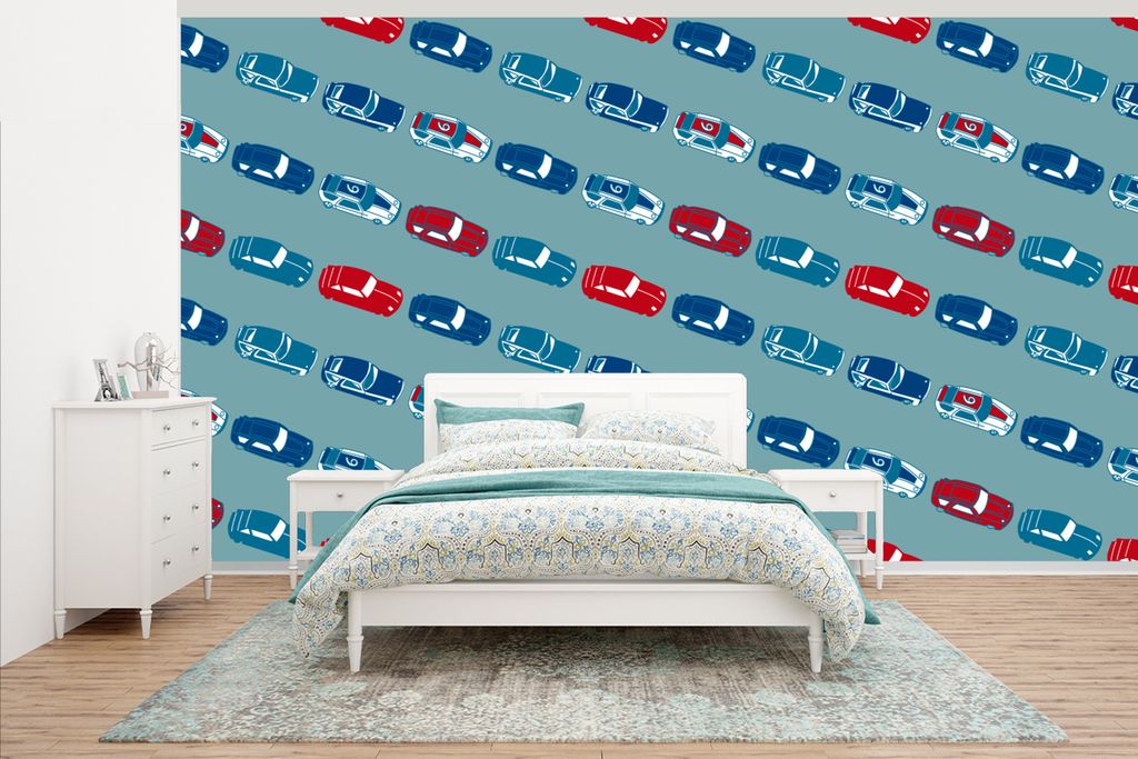 MuchoWow Fototapete für Wohnzimmer oder Schlafzimmer Wandtapete Vinyl Motivtapete Muster - Auto - Rennen - Jungen - Kinder - Kind - 430x240 cm -...