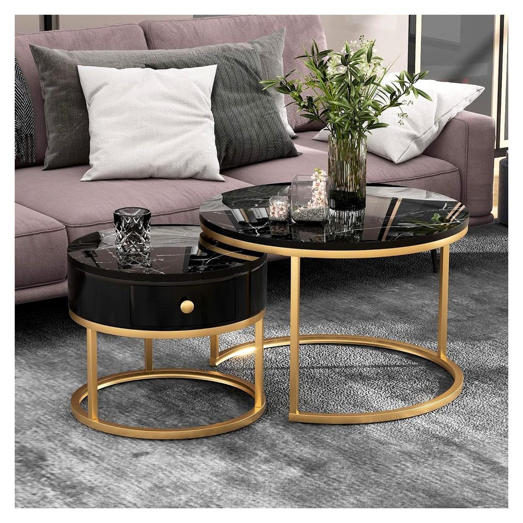 Runder Couchtisch 2er Set, Moderner Beistelltisch mit Hochglanz-Marmormuster für Wohnzimmer, Satztisch mit Schublade für Empfangszimmer, Balkon u...
