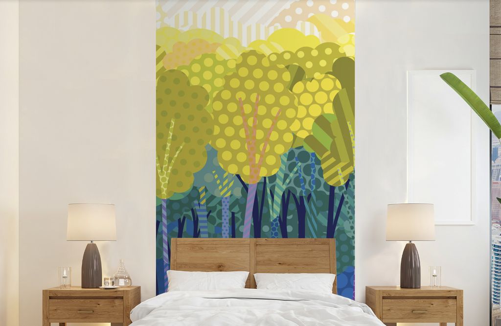 MuchoWow Fototapete für Wohnzimmer oder Schlafzimmer Wandtapete Vinyl Motivtapete Eine Illustration von grünen Bäumen in einem Wald - 120x240 ...