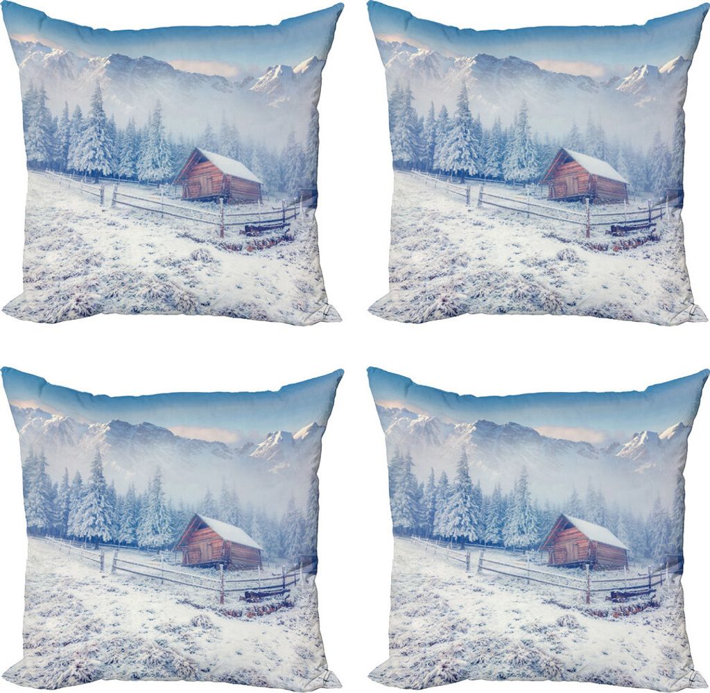 ABAKUHAUS Winter Kissenbezug Set (4 Stück), Old Farmhouse Rustic, Moderner Doppelseitiger Digitaldruck, 45 cm x 45 cm, Caramel Weiß Blau