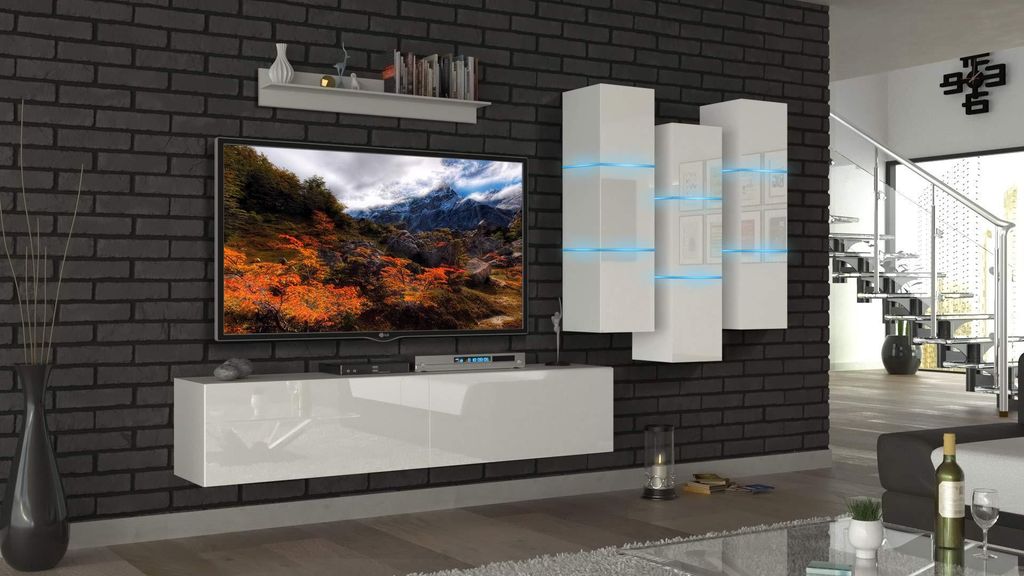 Furnitech Wohnwand Wohnzimmer - Hängend Wohnwand Modern - Regale und TV Schrank - Wohnzimmer Möbel ohne LED (Heaven AN45-18HG-W2 1A)