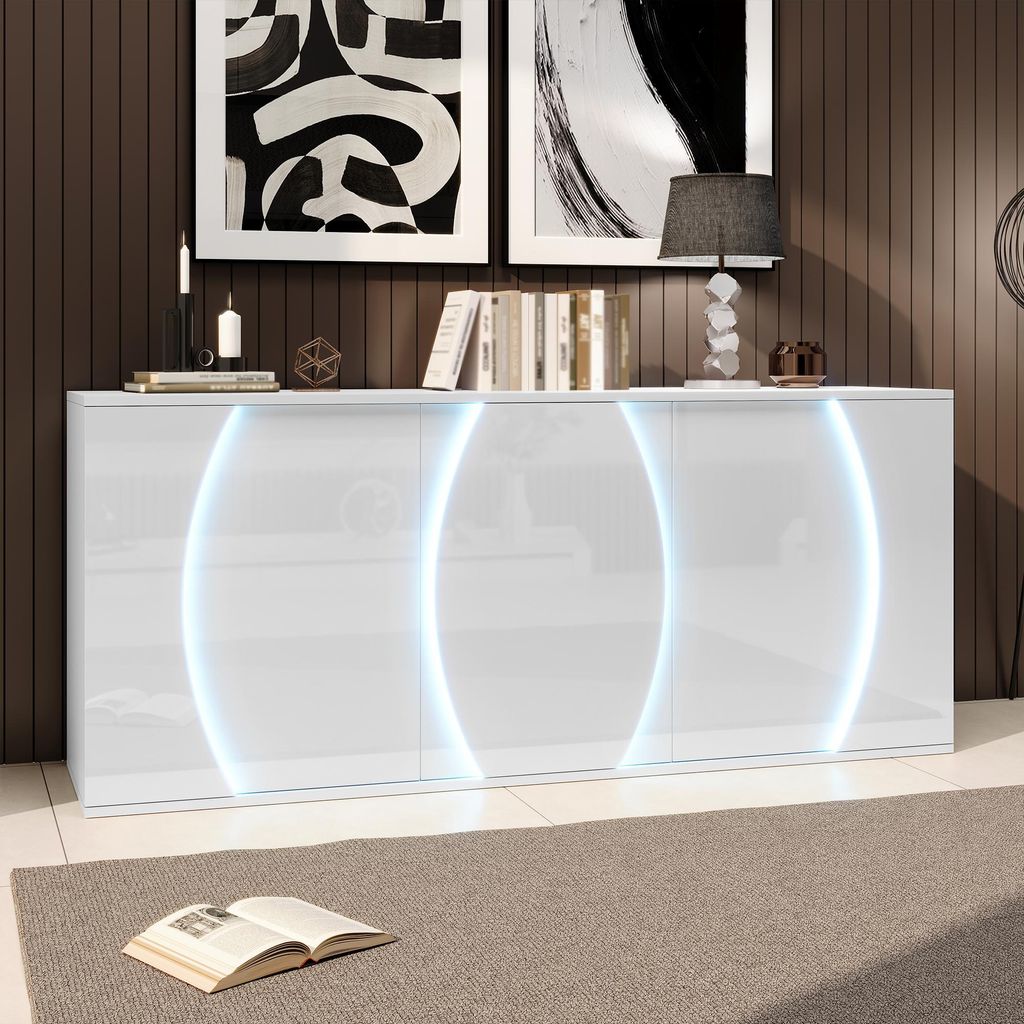150x40x70 cm, Wohnzimmer-Sideboard, Hochglanz, 3 Türen mit LED, Design-Schranktüren, weiß, Spanplatte