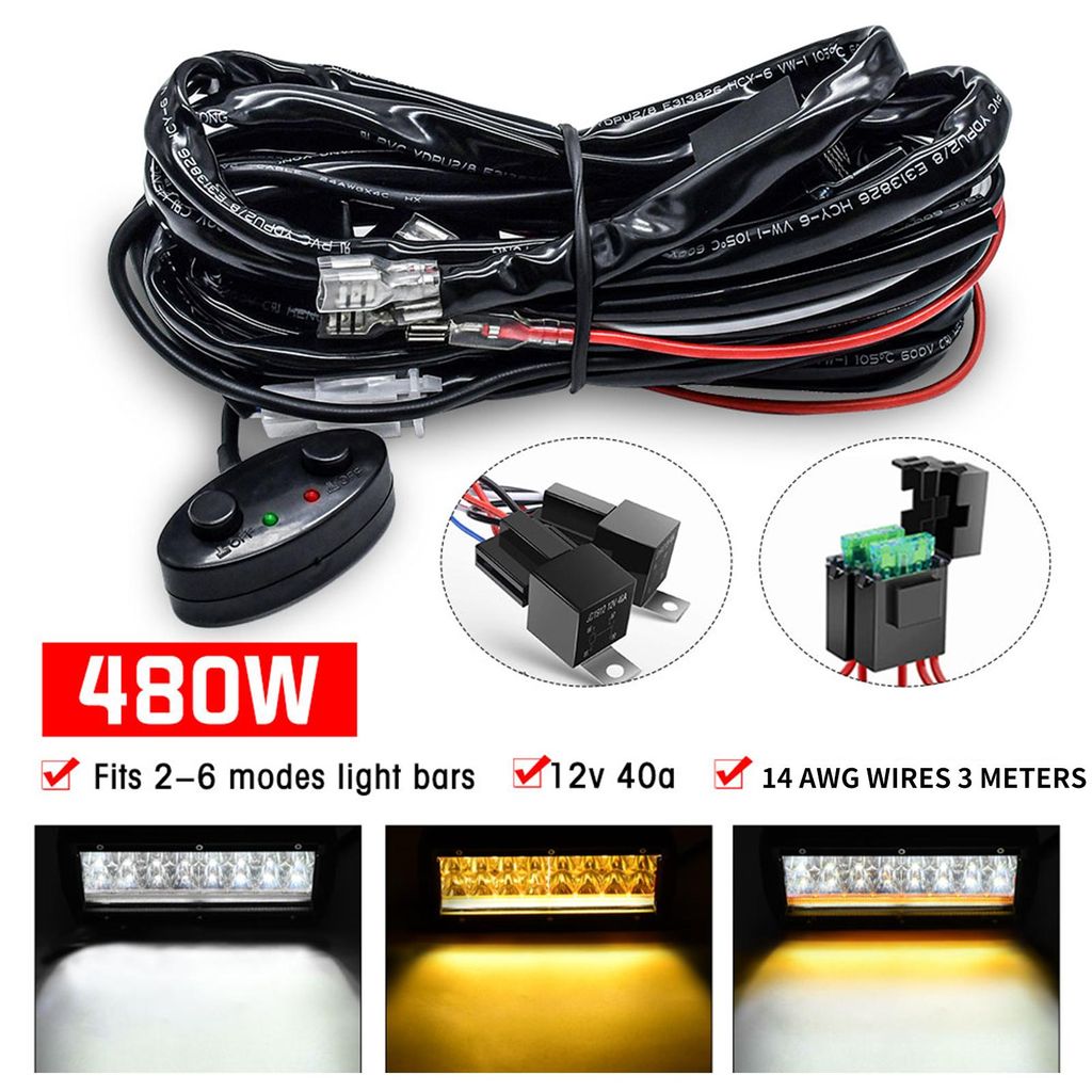LED-Lichtleisten-Kabelbaum-Set, 480 W, 2 Leitungen, 14 AWG, universell, mit 12 V, 40 A-Relais und zwei Steuerschaltern zum Umschalten zwischen verschi