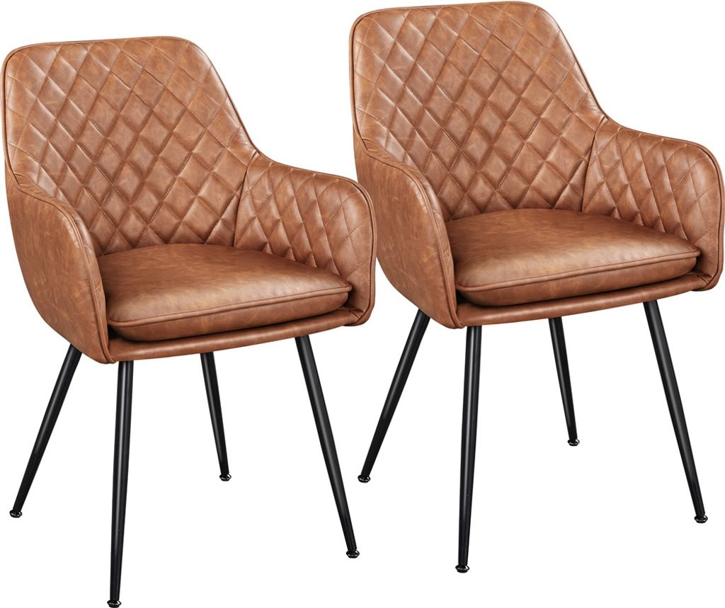 Two brown upholstered dining chairs with diamond stitching and black metal legs.