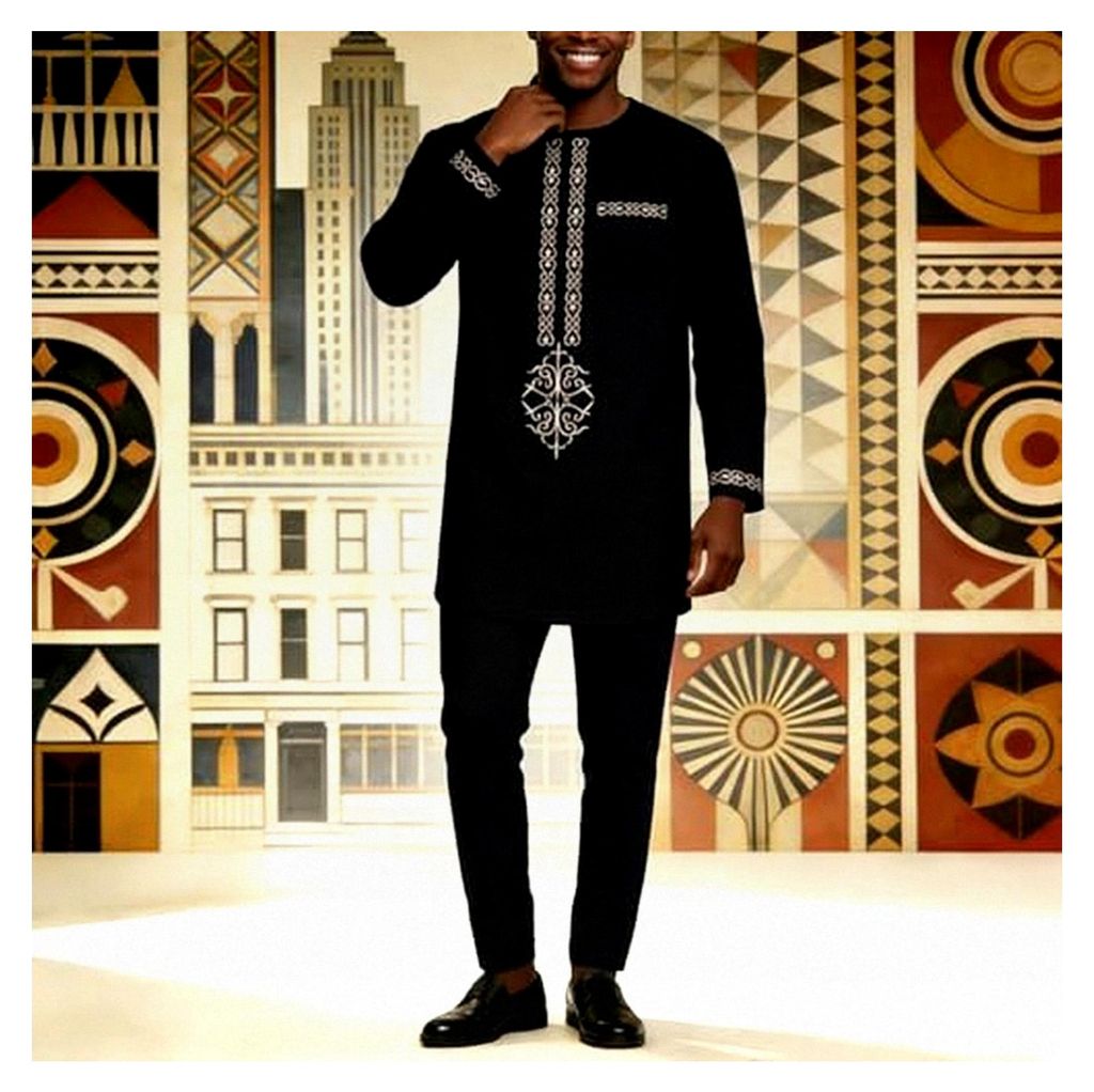 Zweiteiliges Herren Langarm Dashiki Set mit Golddruck