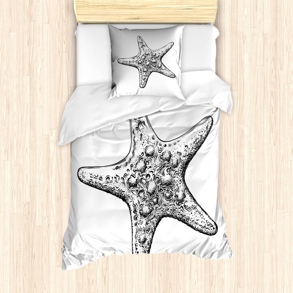 ABAKUHAUS Vintage Nautical Tattoo Bettbezug Set für Einzelbetten, Starfish Sketch, Milbensicher Allergiker geeignet mit Kissenbezug, 135 cm x 200 ...