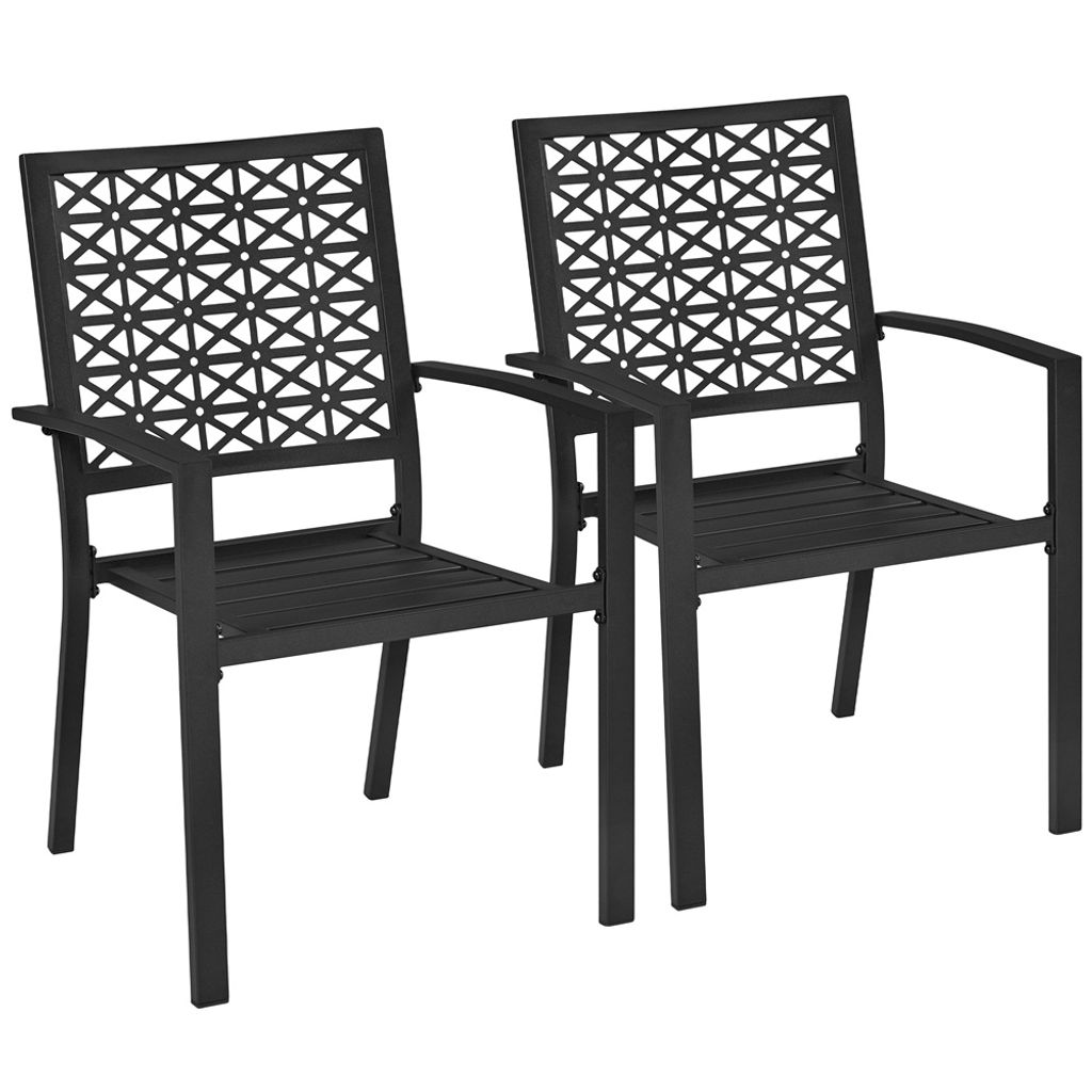 Two black metal chairs with decorative backs are shown against a white background.