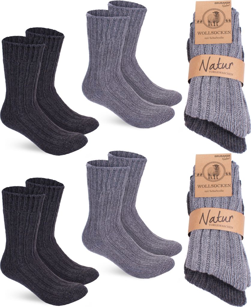 BRUBAKER 4 Paar Wollsocken - Warme Wintersocken für Damen und Herren - Winter Socken, Grau und Anthrazit, Größe 43-46