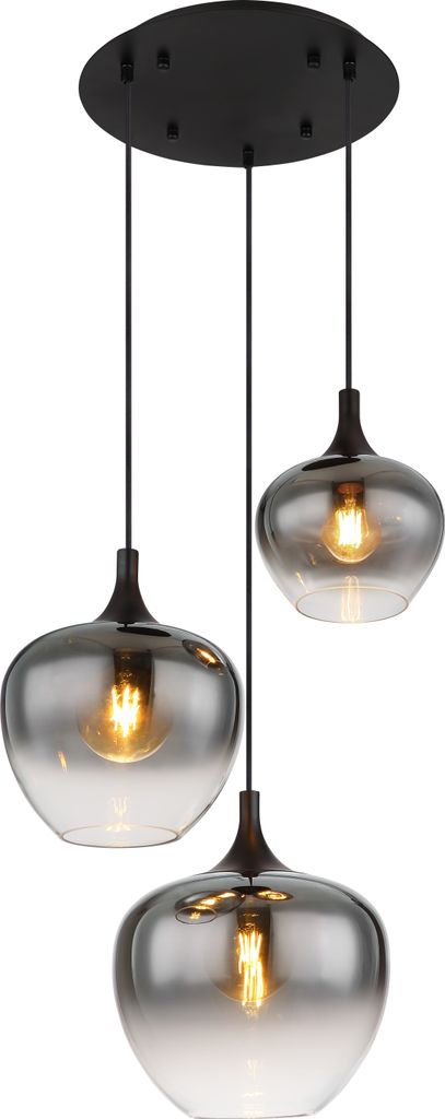 A three-light pendant chandelier with smoked glass shades.