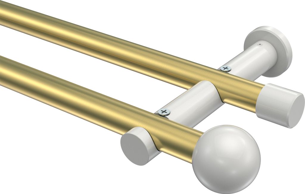 Interdeco Gardinenstange / Vorhangstange Messing-Optik / Weiß, Typ Platon Luino (Kugel) ohne Ringe, 20 mm Ø 2-läufig, 100 cm