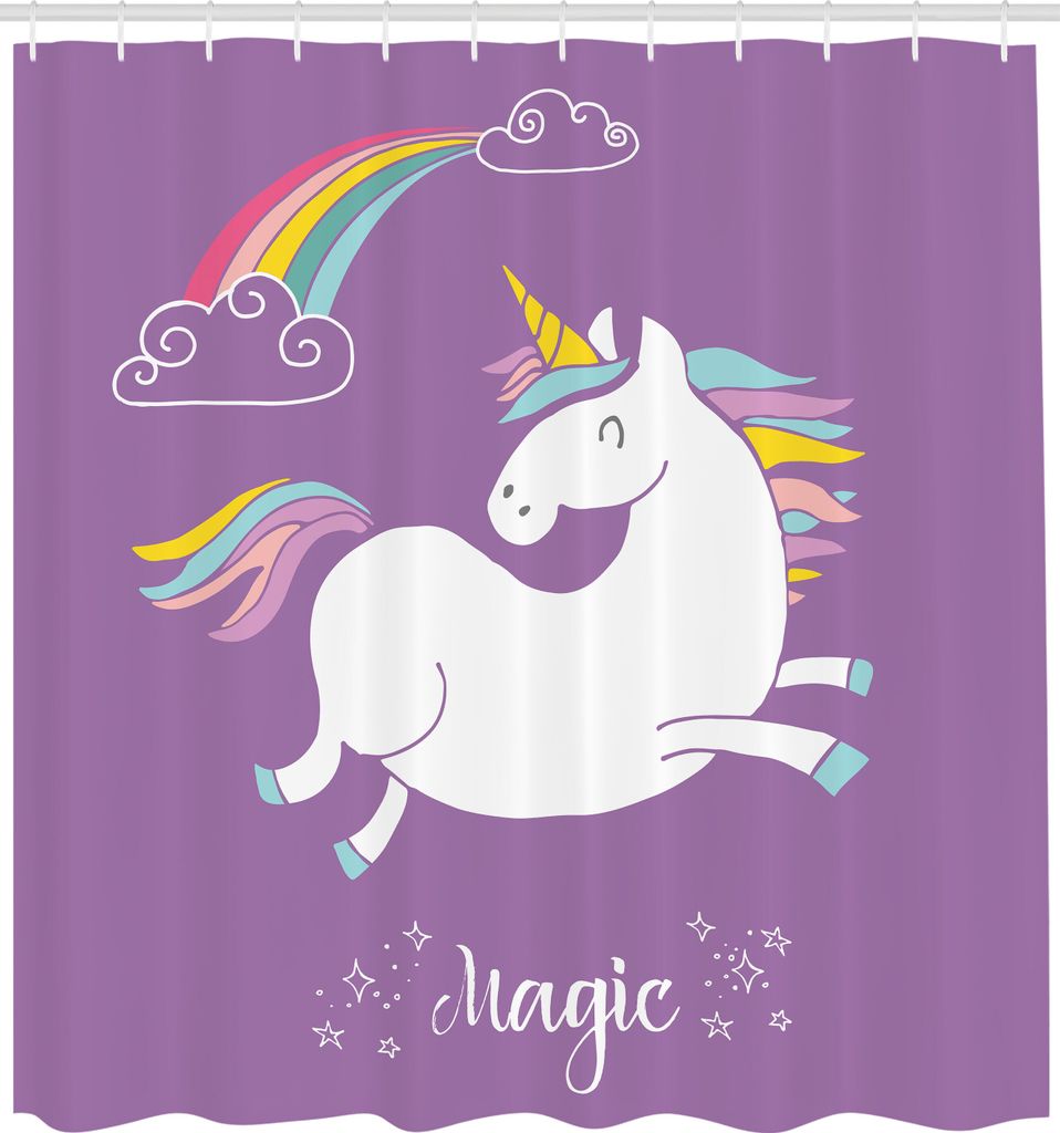 ABAKUHAUS Einhorn Duschvorhang, Mythisches Tier mit Wolken und Regenbogen-Figur Fairy Cute Unicorn Image Print, Stoffliches Gewebe Badezimmerdekora...