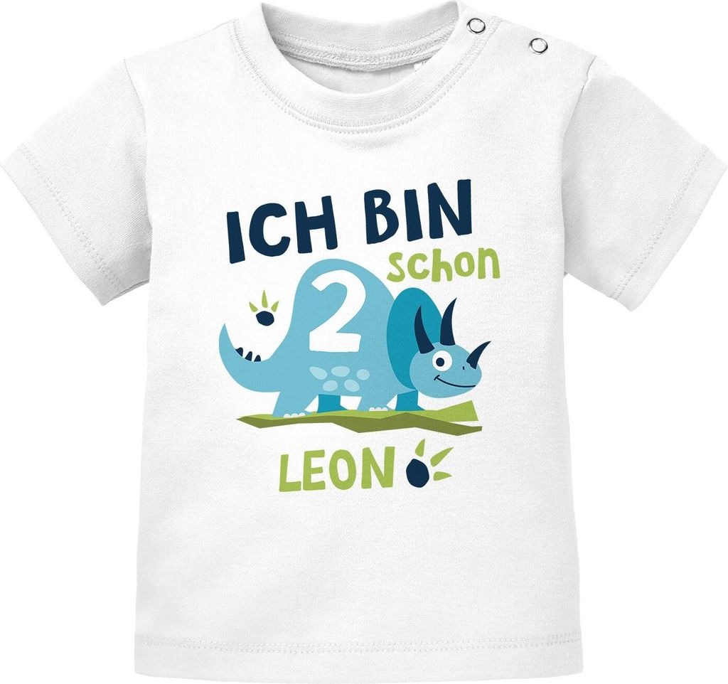 Baby T-Shirt mit Namen und Zahl 1 / 2 Geschenk zum Geburtstag Dinosaurier Dino für Jungen SpecialMe 2 Jahre weiß 56/62 (1-3 Monate)