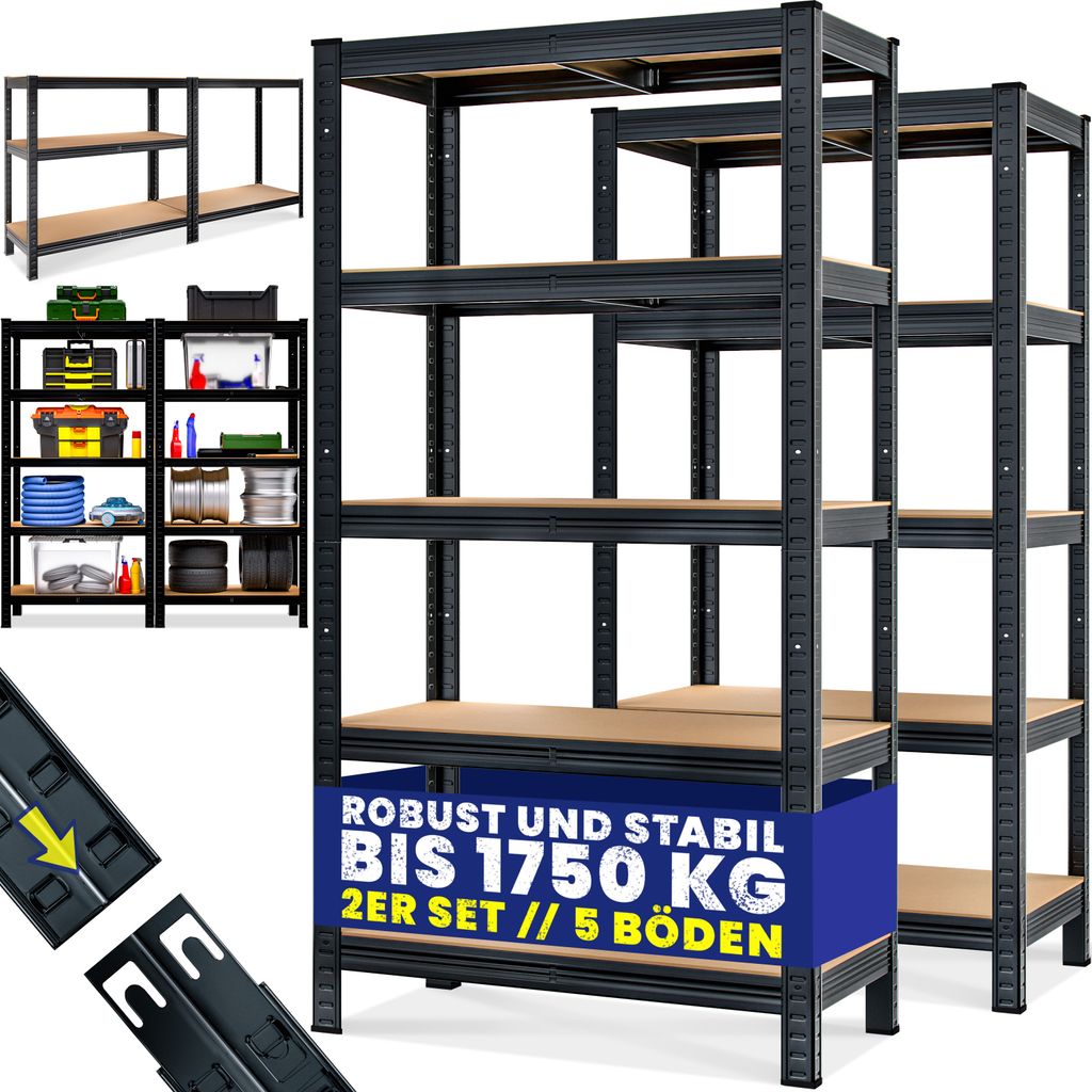 MONZANA 2X Schwerlastregal 180x90x40cm Schwarz 1750kg 10 MDF-Platten Montagematerial Kellerregal Lagerregal Steckregal Metallregal Werkstattregal