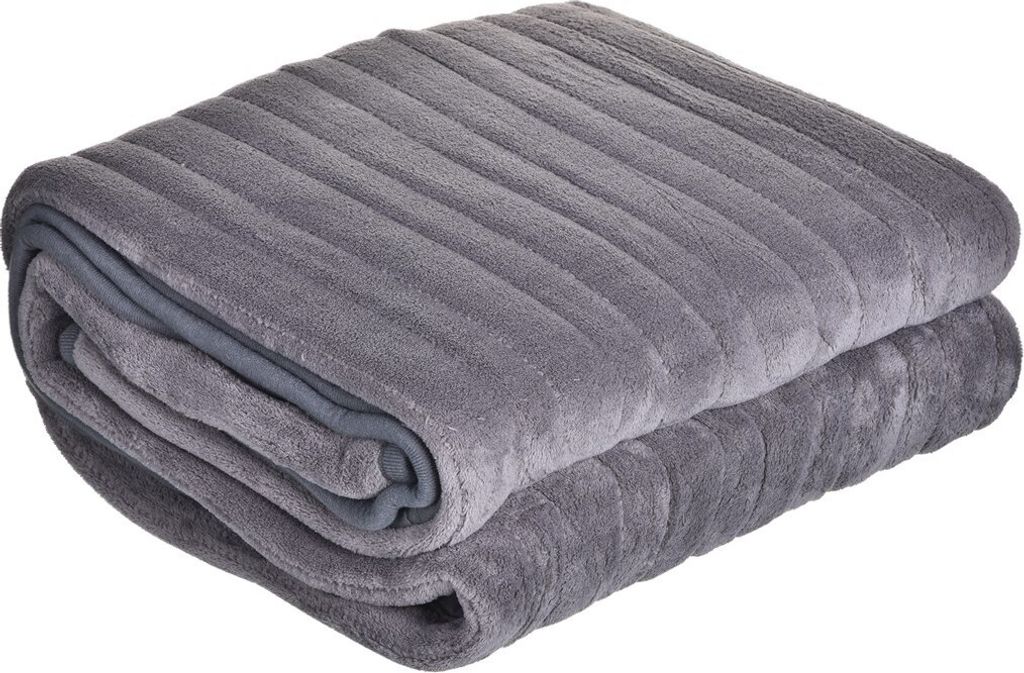 A folded gray heated blanket on a white background.