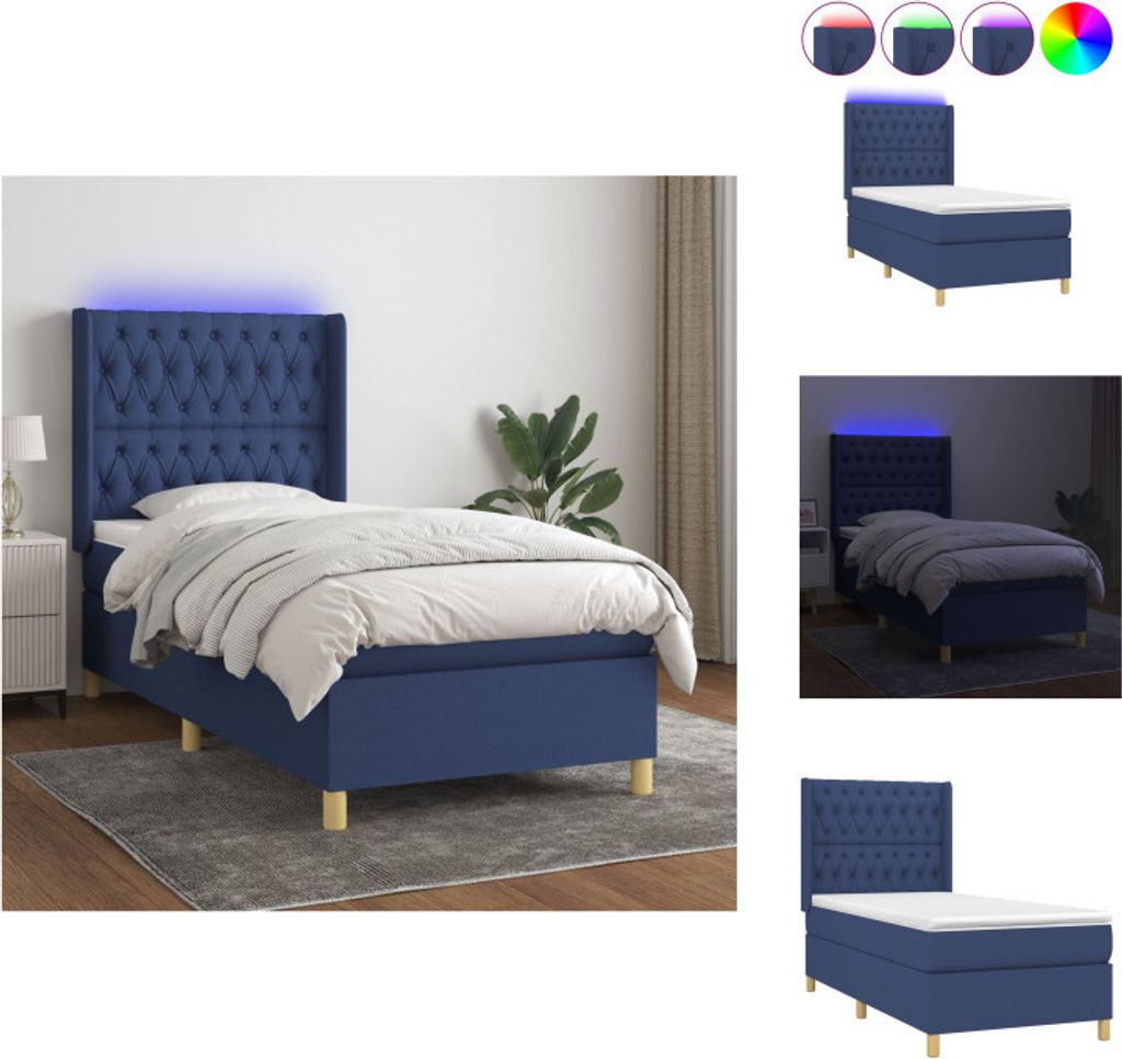 vidaXL Boxspringbett mit Matratze & LED Blau 90x200 cm Stoff - Betten & Bettgestelle