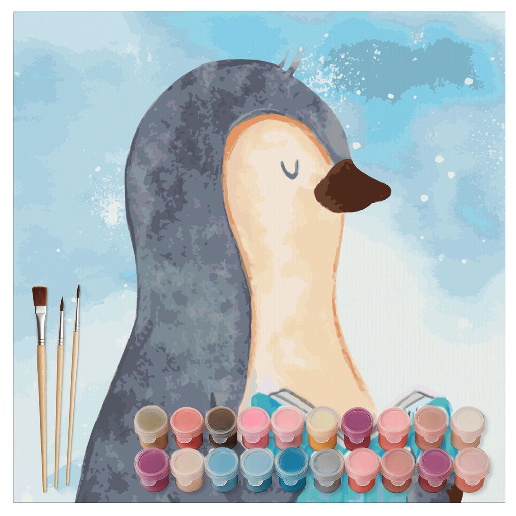 Mr. & Mrs. Panda Malen nach Zahlen Pinguin Buch Motiv 40 x 40 cm Mit Rahmen - Eisblau - Geschenk, Pinguine, DIY, Ausruhen, Lesen, leinwand malerei,...
