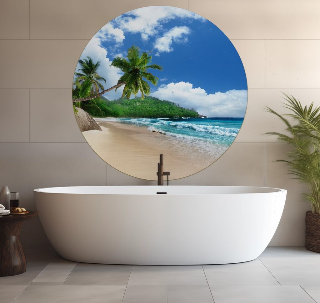 Wallario wasserfestes Poster selbstklebend 120 x 120 cm, Urlaub auf den Seychellen unter Palmen am Sandstrand, Badezimmerposter Spritzschutz mit Ho...