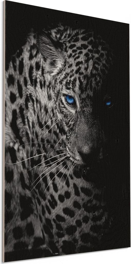 DEQORI Holzbild 40x60 cm 'Leopard mit blauen Augen' Bild auf Holz Wandbild Kunstdruck