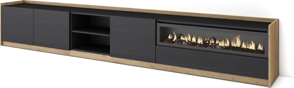 TV-Schrank, Lowboard, 310x37x50cm, Für TV-Geräte bis zu 80", Elektrokamin., Schwarz Eiche