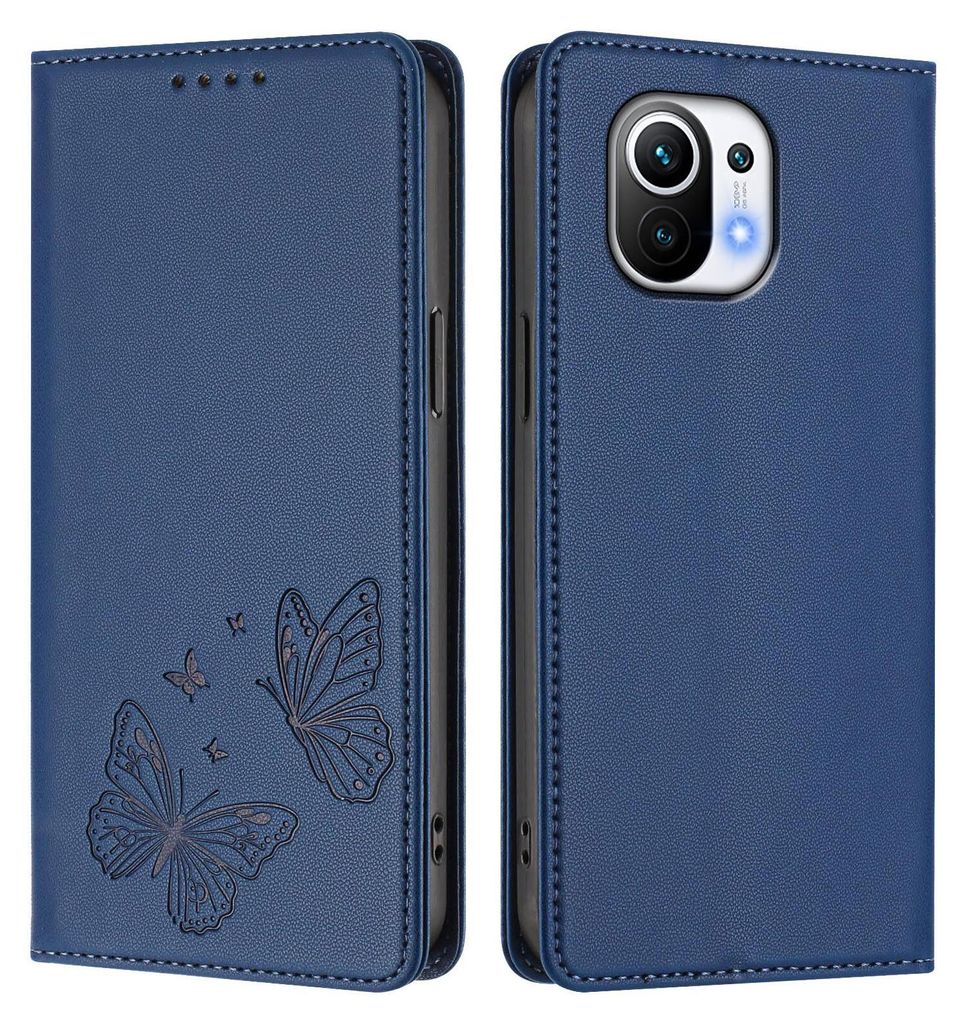 Lederhülle für Xiaomi Mi 11, Schmetterling Prägung Leder Brieftasche Schutzhülle mit Ständer Dunkelblau