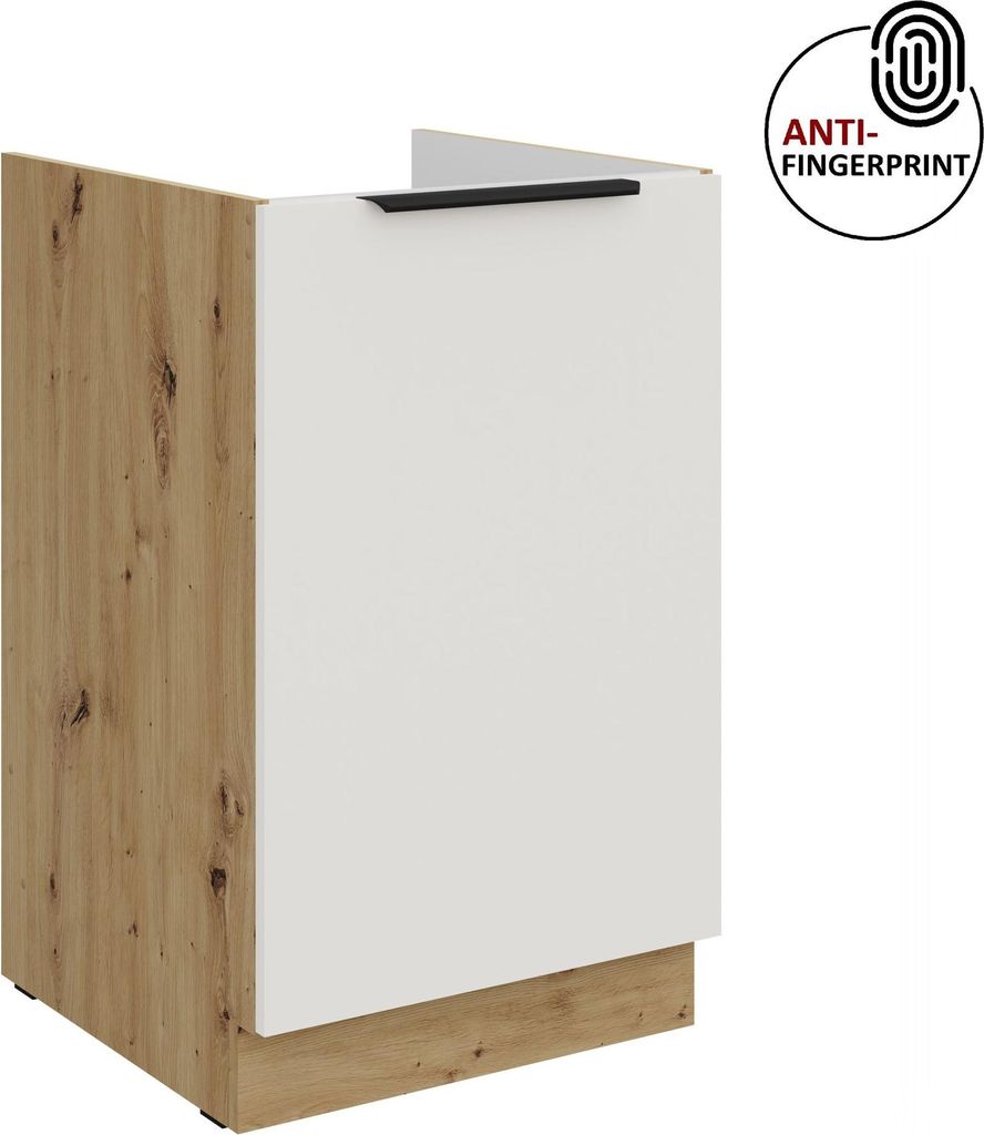 Küchen Spülenunterschrank 50 cm Küche ARIA Weiss ultra matt + Eiche Artisan matt, hochwertige Fronten mit Anti Fingerprint Beschichtung Küchenz...