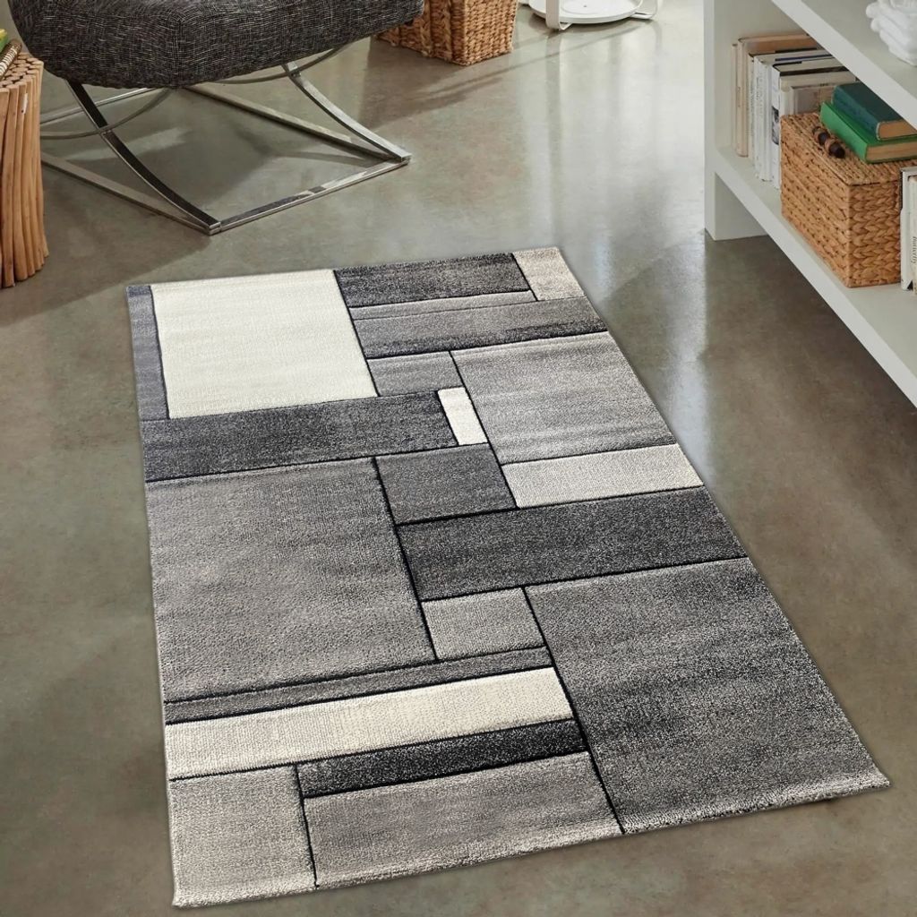Modern abstrakter Designerteppich mit Rechtecken in grau Größe - 80 x 150 cm