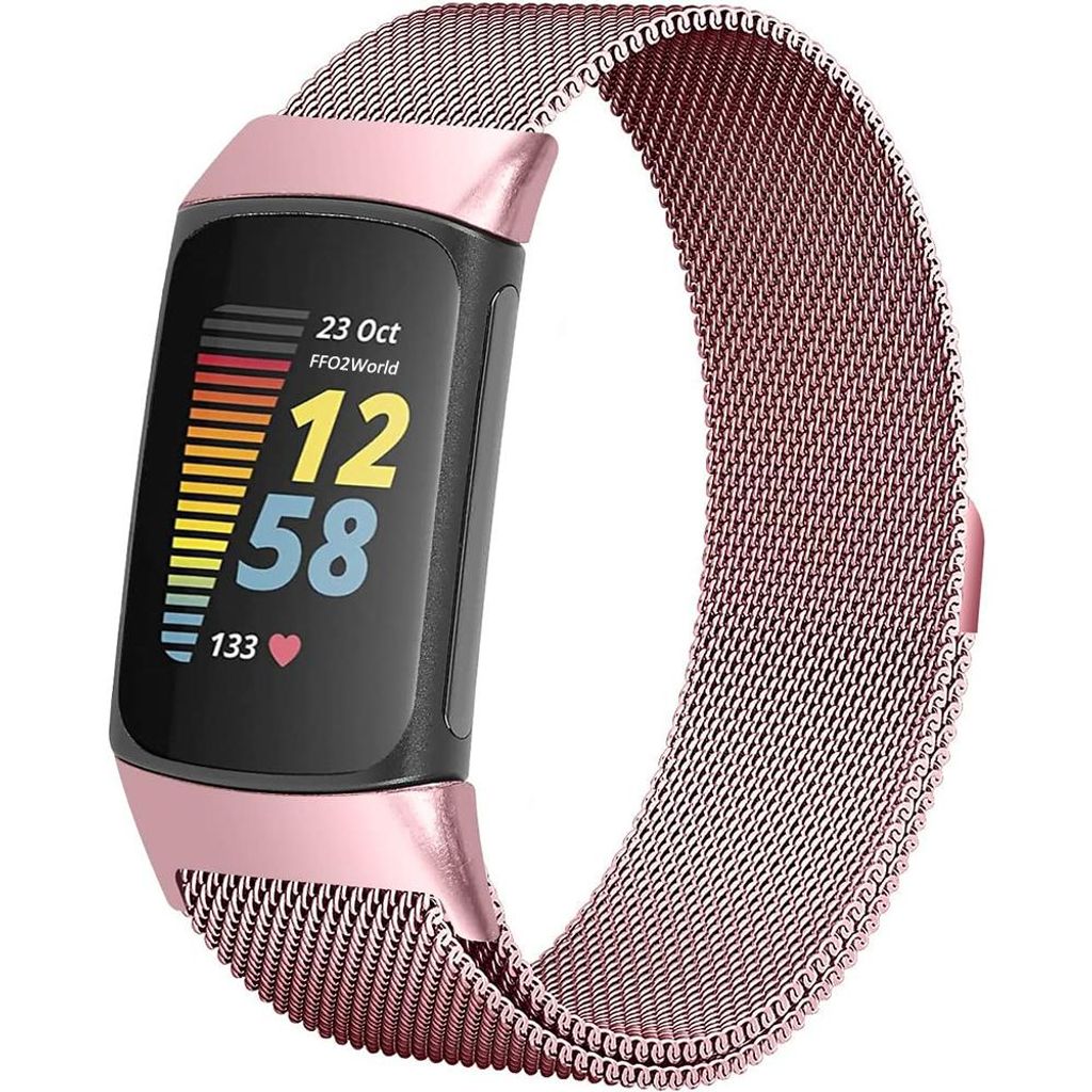 FFO2World Luxus-Milanese-Armband für Fitbit Charge 5/6 – Hochwertiges Edelstahl-Geflechtarmband, elegant & verstellbar – Rosa