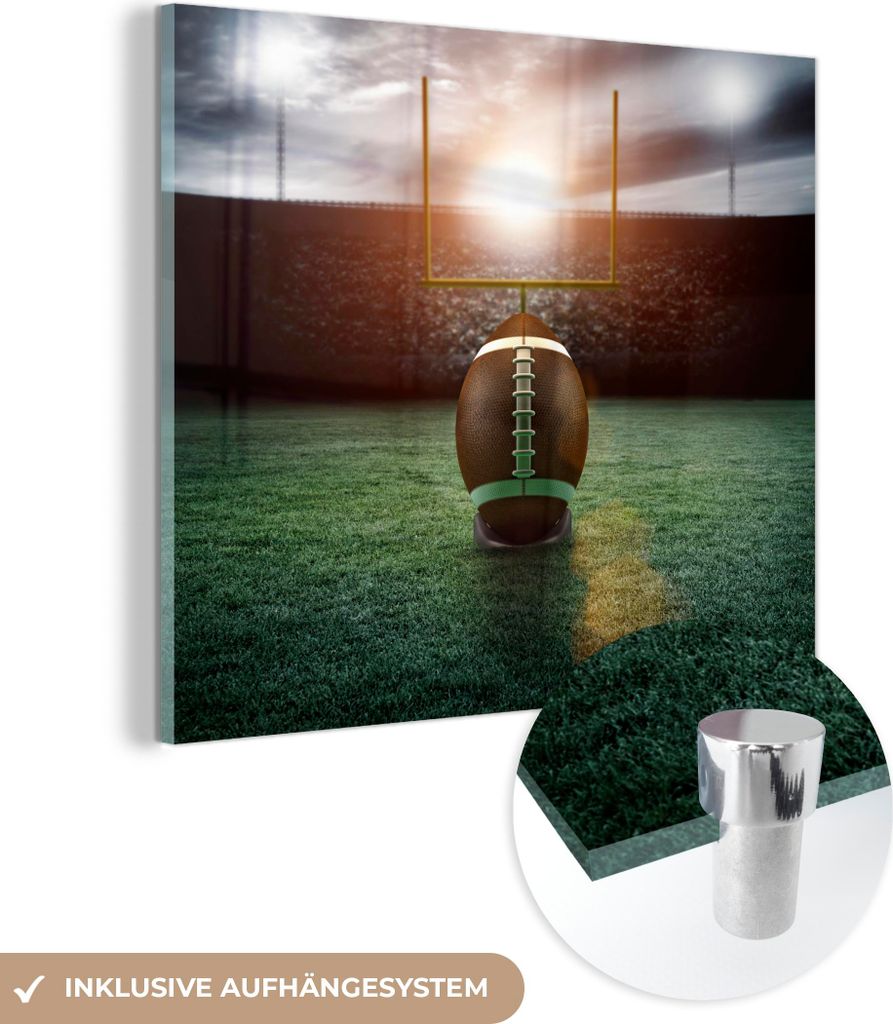 MuchoWow Glasbilder - Bilder auf Wandbild - Foto auf Glas Sonnenstrahlen über dem American Football und dem Spielfeld 50x50 cm Wanddekoration aus ...
