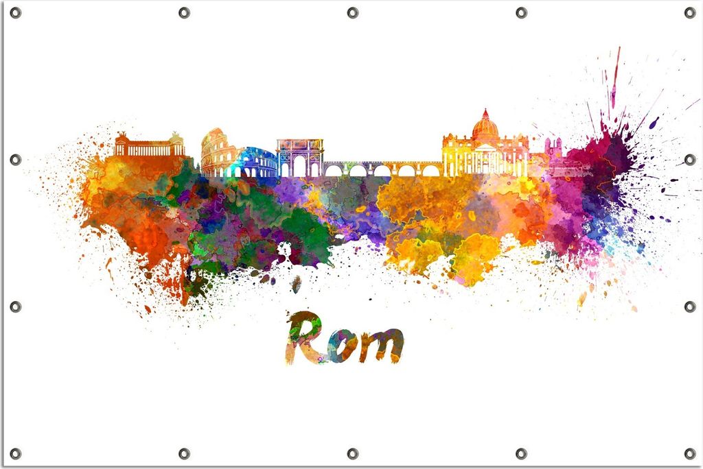 Wallario Outdoor-Poster für Garten oder Balkon, Motiv Städte als Aquarell - Skyline von Rom, in ca. 120 x 180 cm