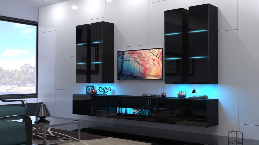 Furnitech Wohnwand Wohnzimmer - Wohnzimmer Möbel mit LED RGB - 16 Farben - Hängend Wohnwand Modern - Regale und TV Schrank (Star AN53-18HG-B1 GS5)