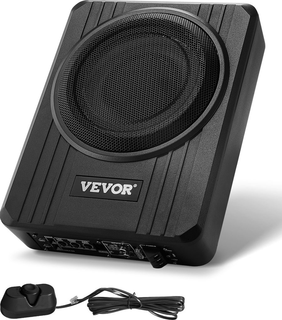 A black car subwoofer is shown from a diagonal angle against a white background.